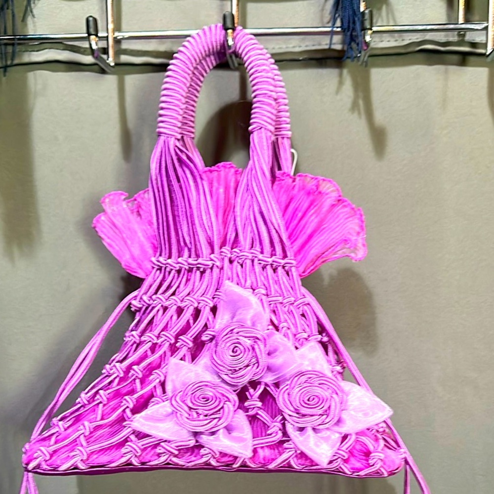 Unique! Purple Macrame Floral Handbag w/Roses & Drawstring Closure - Mattina T